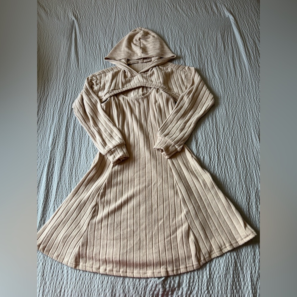 SHEIN Beige Ribbed Knit Dress with Hood